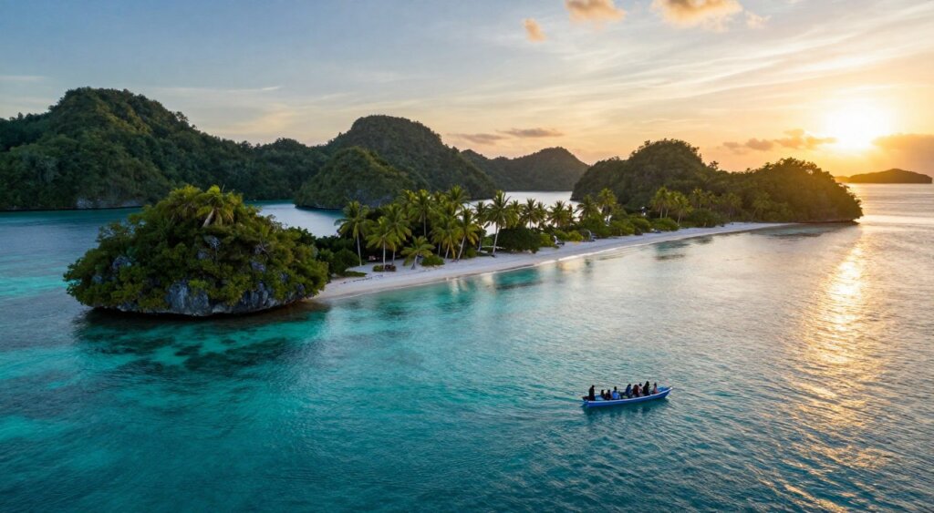 A stunning aerial view of Raja Ampat during the dry season, highlighting the vibrant turquoise waters and lush green islands surrounded by clear skies. In the foreground, a small, modestly dressed group of tourists enjoys a boat ride, capturing the serenity of the moment. The middle ground features a picturesque island with softly swaying palm trees and a pristine white sandy beach. The background showcases a dramatic sunset, casting warm golden hues across the horizon and reflecting off the water, creating a tranquil and inviting atmosphere. The image should be richly detailed with a professional photojournalism quality, utilizing natural lighting to enhance the colors and textures of this tropical paradise, conveying the best time to visit Raja Ampat.