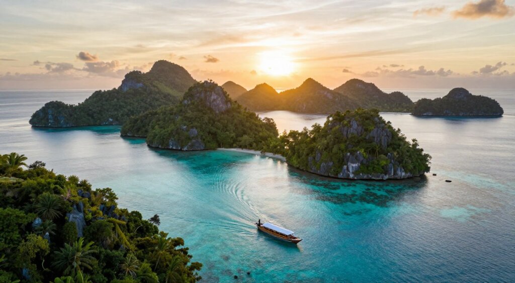 A stunning aerial view of Raja Ampat, showcasing its unique archipelago of over 1,500 islands surrounded by vibrant turquoise waters and lush green forests. In the foreground, a luxurious wooden boat glides smoothly across the clear waters, suggesting relaxation and adventure. The middle ground features scattered islands with dramatic limestone cliffs, while small coral reefs peep out beneath the surface, hinting at the rich marine life below. The background displays a brilliant sunset, casting warm golden hues over the scene and creating a serene, inviting atmosphere. Soft, diffused lighting enhances the natural beauty, capturing the essence of tropical paradise in a professional photojournalism style reminiscent of National Geographic.