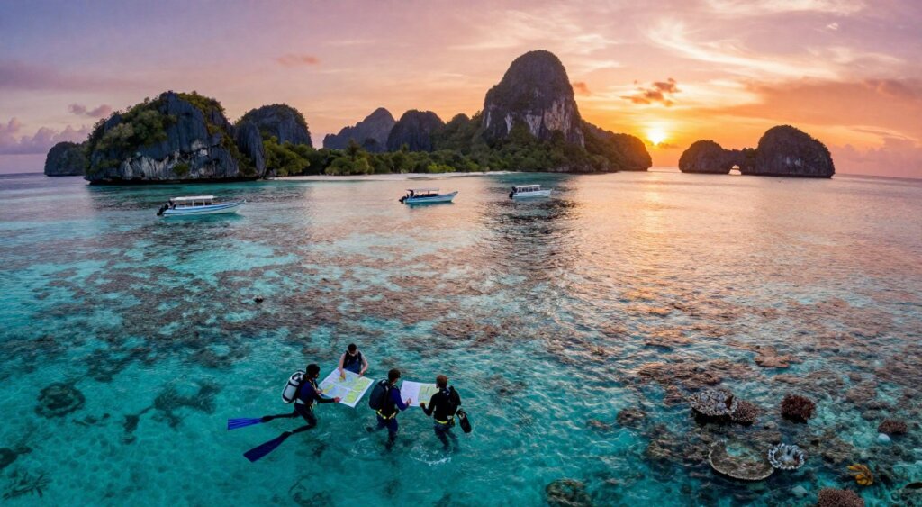 A stunning aerial view of Raja Ampat's breathtaking marine landscape, showcasing vibrant coral reefs and crystal-clear turquoise waters teeming with diverse marine life. In the foreground, a group of professional divers, dressed in modest wetsuits, are studying underwater maps and gear while preparing for their Tauchsafari adventure. The middle layer features small boats anchored near pristine beaches, with lush tropical islands dotting the horizon. In the background, dramatic limestone cliffs rise majestically against a vibrant sunset, casting warm orange and pink hues across the sky. The lighting is soft and golden, creating a serene and adventurous atmosphere, perfect for capturing the thrill of planning an underwater exploration in one of the world’s most extraordinary diving destinations. Shot with a wide-angle lens for an expansive view, emphasizing both the beauty of the landscape and the excitement of the diving preparation.