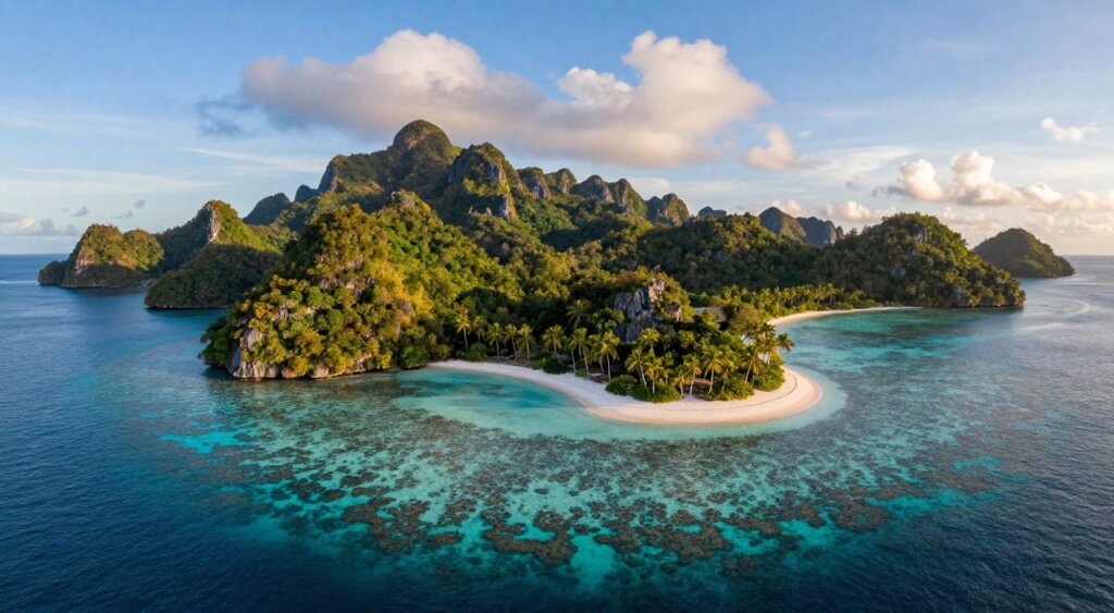 A stunning aerial view of Raja Ampat's pristine islands, featuring a dramatic landscape of lush green hills and turquoise waters. The foreground showcases vibrant coral reefs just beneath the surface, with hints of marine life visible through crystal-clear waters. In the middle ground, a series of small, uninhabited islands dotted with white sandy beaches and swaying palm trees create a serene tropical paradise. In the background, majestic limestone cliffs rise sharply from the sea, framed by a clear blue sky filled with soft, billowy clouds. The image is infused with warm, golden lighting of late afternoon, casting gentle shadows and enhancing the natural beauty. The overall mood is tranquil and inviting, ideal for depicting the travel allure of Raja Ampat’s stunning scenery.