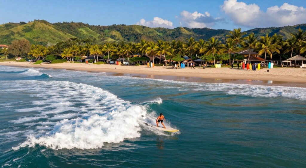 A stunning aerial view of a top surf resort in Lombok, featuring dynamic wave conditions perfect for surfing year-round. In the foreground, energetic surfers paddle eagerly towards lively, turquoise waves, displaying enthusiasm and skill. The middle ground showcases a beautiful sandy beach lined with palm trees and colorful surfboards, inviting in vacationers. In the background, lush green hills meet a clear blue sky with scattered clouds, providing a picturesque setting. The scene is bathed in warm, golden sunlight, enhancing the vibrant colors of the ocean and foliage. Shot at a high angle with a wide lens to capture the vastness of the landscape, this image conveys a perfect blend of adventure and tranquility, radiating the exciting atmosphere of Lombok's surf culture.