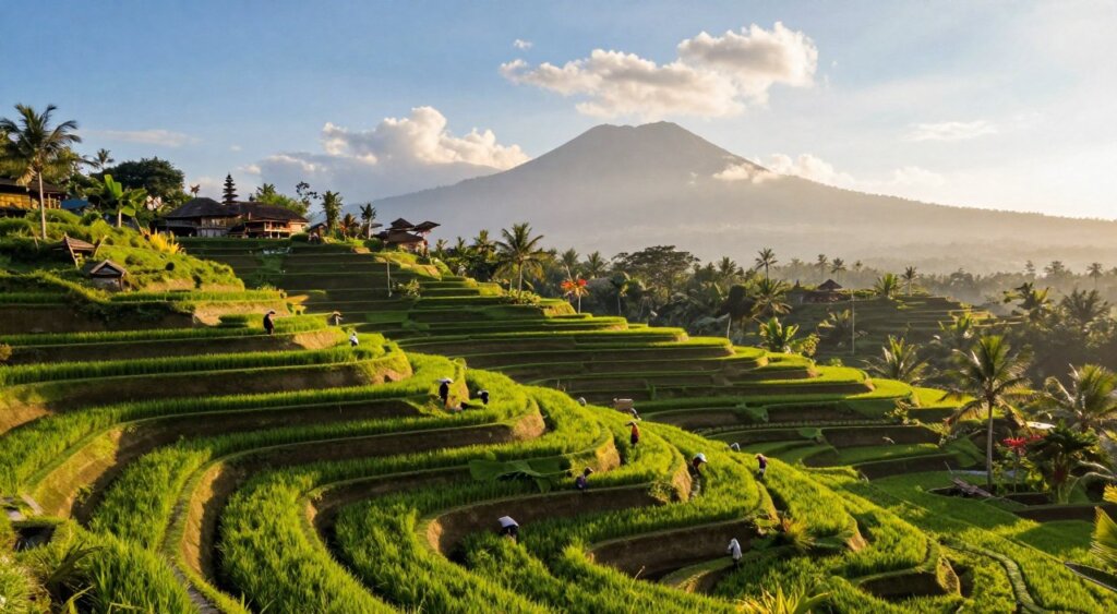 A stunning aerial view of the Amed Bali rice terraces, showcasing their lush green layers cascading down the hillside. The foreground features intricate patterns of the terraced fields with farmers dressed in modest, traditional Balinese attire tending to the crops. In the middle ground, gently sloping hills are interspersed with vibrant tropical flora and a clear blue sky dotted with soft white clouds, capturing the serene beauty of the landscape. The background reveals the distant silhouette of Mount Agung, shrouded in mist, adding depth to the scene. The lighting is warm and golden, reminiscent of late afternoon sun, enhancing the colors and creating a tranquil atmosphere. The composition is shot from a slightly elevated angle to provide a panoramic view of this tranquil rural paradise.