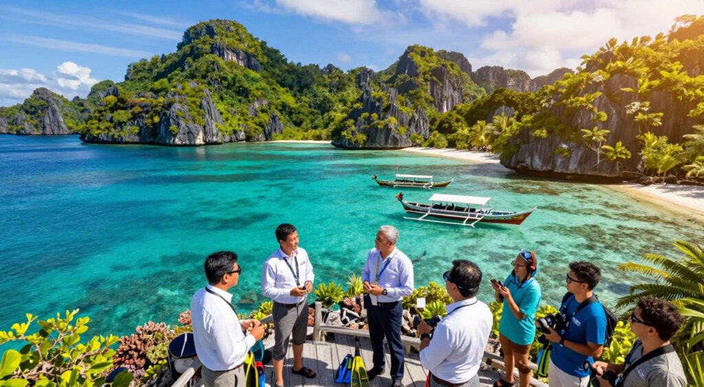 A stunning aerial view of the Raja Ampat islands, showcasing crystal-clear turquoise waters and lush green hills, with several professional tour operators in the foreground. The operators, dressed in smart casual clothing, are enthusiastically discussing tour options with a small group of tourists holding snorkeling gear and cameras. In the middle ground, colorful traditional wooden boats are moored near vibrant coral reefs, teeming with diverse marine life. The background features jagged limestone cliffs rising dramatically against a bright blue sky, with soft, golden sunlight illuminating the scene. Capture this vibrant atmosphere with a wide-angle lens, emphasizing the beauty of Raja Ampat and the energy of the tour operators, evoking a sense of adventure and exploration.
