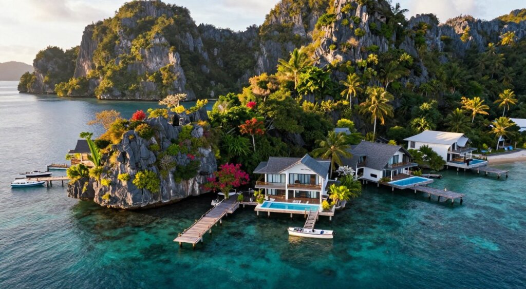 A stunning aerial view of waterfront properties in Raja Ampat, Indonesia, showcasing modern villas perched on rocky cliffs overlooking the turquoise waters of the Coral Triangle. In the foreground, sleek wooden docks extend into the calm sea, with small boats bobbing gently. The middle ground features luxurious homes with large windows, surrounded by lush green foliage and vibrant tropical flowers. In the background, majestic limestone islands rise dramatically from the water, their steep faces covered in dense vegetation. The scene is bathed in warm, golden sunlight, casting soft shadows that enhance the tranquil atmosphere. The image captures the idyllic lifestyle offered by Raja Ampat's real estate, with a focus on rich natural beauty and modern architecture, ideal for a professional audience.