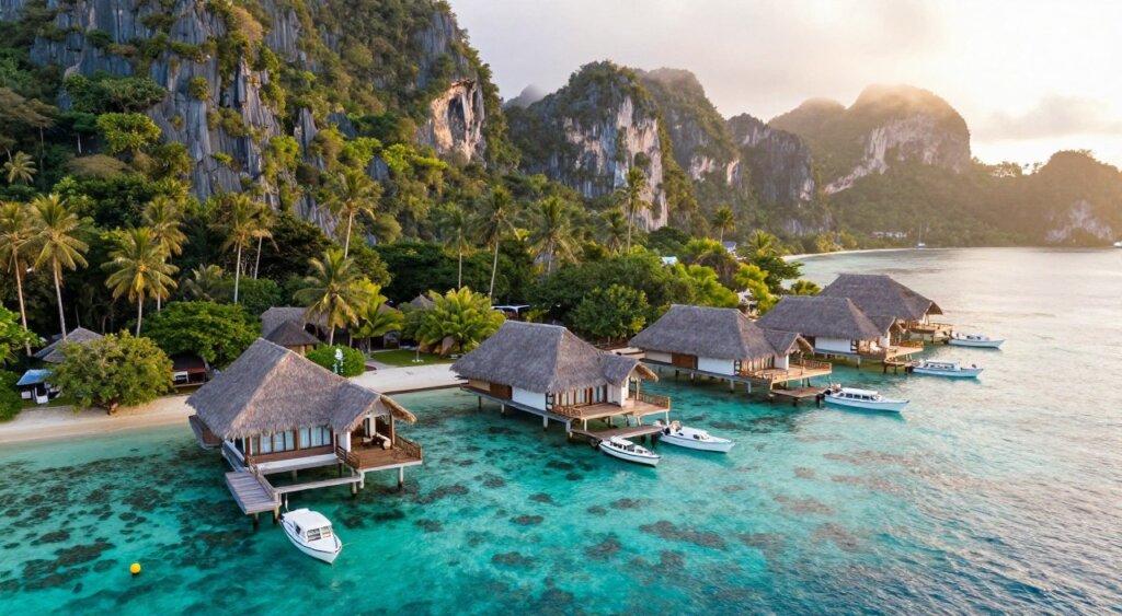 A stunning aerial view of waterfront properties in Raja Ampat, showcasing a collection of luxurious villas with thatched roofs and large windows, perched on the edge of crystal-clear turquoise waters. In the foreground, private docks extend into the ocean, with small boats tethered and gently swaying. The middle ground features lush tropical greenery surrounding the properties, while vibrant coral reefs are visible beneath the water’s surface. In the background, dramatic limestone cliffs rise majestically, partially shrouded in mist, under a soft golden sunrise. The overall atmosphere is serene and inviting, capturing the beauty and opulence of this tropical paradise. The image should emulate the clarity and detail of National Geographic photography, with natural lighting highlighting the colors of the landscape.