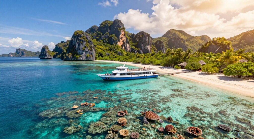 A stunning aerial view showcasing the highlights of the Aurora Liveaboard itinerary in Raja Ampat. In the foreground, vibrant coral reefs teeming with diverse marine life, including colorful fish and sea turtles. The middle ground features the sleek Aurora Liveaboard boat moored near a pristine sandy beach, surrounded by lush, green mangroves. In the background, dramatic limestone karsts rise majestically from azure waters under a bright, clear sky. Golden sunlight filters through scattered clouds, creating a warm, inviting atmosphere. The scene captures the essence of adventure and tranquility in a tropical paradise. The composition should evoke a sense of exploration and the beauty of nature, using a wide-angle lens to enhance depth and perspective, with a professional, photojournalistic quality akin to National Geographic standards. A stunning aerial view showcasing the highlights of the Aurora Liveaboard itinerary in Raja Ampat. In the foreground, vibrant coral reefs teeming with diverse marine life, including colorful fish and sea turtles. The middle ground features the sleek Aurora Liveaboard boat moored near a pristine sandy beach, surrounded by lush, green mangroves. In the background, dramatic limestone karsts rise majestically from azure waters under a bright, clear sky. Golden sunlight filters through scattered clouds, creating a warm, inviting atmosphere. The scene captures the essence of adventure and tranquility in a tropical paradise. The composition should evoke a sense of exploration and the beauty of nature, using a wide-angle lens to enhance depth and perspective, with a professional, photojournalistic quality akin to National Geographic standards.