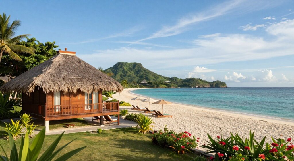 A stunning beach resort accommodation on the Gili Islands, Lombok, Indonesia. In the foreground, picture a beautifully designed wooden bungalow with thatched roofing, surrounded by tropical greenery and vibrant flowers. In the middle ground, there's a pristine sandy beach with lounge chairs and umbrellas, inviting relaxation. The background features a clear turquoise sea meeting the lush, distant hills of Lombok, under a bright blue sky with wispy clouds. The scene is bathed in soft, warm sunlight, creating a serene and inviting atmosphere. Use a wide-angle lens to capture the expanse of the setting, emphasizing the tranquility and natural beauty of the location. The mood is peaceful and idyllic, perfect for showcasing a getaway destination. A stunning beach resort accommodation on the Gili Islands, Lombok, Indonesia. In the foreground, picture a beautifully designed wooden bungalow with thatched roofing, surrounded by tropical greenery and vibrant flowers. In the middle ground, there's a pristine sandy beach with lounge chairs and umbrellas, inviting relaxation. The background features a clear turquoise sea meeting the lush, distant hills of Lombok, under a bright blue sky with wispy clouds. The scene is bathed in soft, warm sunlight, creating a serene and inviting atmosphere. Use a wide-angle lens to capture the expanse of the setting, emphasizing the tranquility and natural beauty of the location. The mood is peaceful and idyllic, perfect for showcasing a getaway destination.