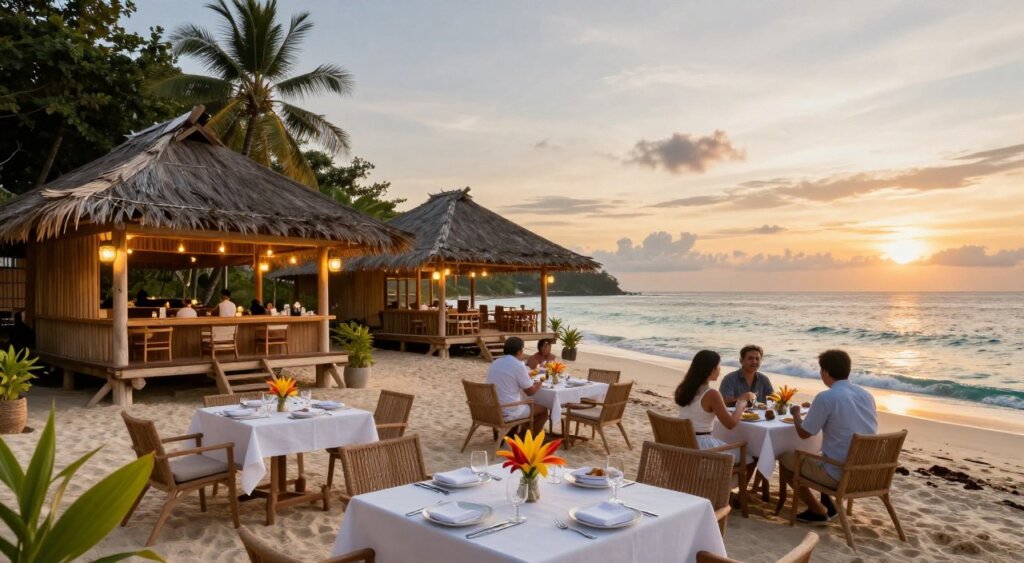 A stunning beachfront view of Lombok Kuta, showcasing three distinct restaurants with elegant outdoor seating. In the foreground, a well-appointed dining table with neatly set cutlery and vibrant tropical flowers, where diners are dressed in modest casual clothing, enjoying their meals. The middle ground features the restaurants, constructed with natural materials like bamboo and wood, their open-air designs blending harmoniously with the environment. The inviting ambiance is enhanced by soft, ambient lighting at sunset, casting a warm golden hue across the scene. In the background, the turquoise waters of the ocean gently lap against the shore, with a picturesque sunset reflecting on the waves. Capture this moment with a wide-angle shot, focusing on the interplay between the restaurants and breathtaking coastal landscape, evoking a serene and inviting atmosphere perfect for dining.