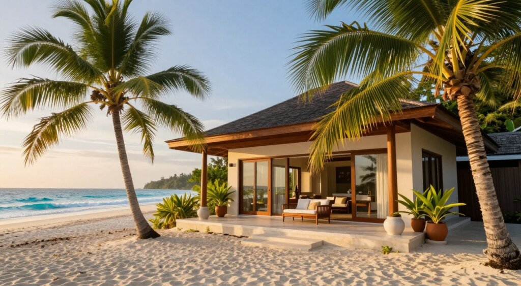 A stunning beachfront villa in Gili Trawangan, showcasing tropical architectural elegance with large glass windows and wooden accents. In the foreground, vibrant green palm trees frame the scene, their leaves gently swaying in a soft breeze. The middle ground highlights the villa's spacious terrace, adorned with tasteful outdoor furniture and potted tropical plants. The background features a pristine sandy beach with azure waves lapping at the shore, under a clear sky illuminated by warm, golden sunlight at sunset, casting a serene glow over the landscape. The composition captures a tranquil and inviting atmosphere, reminiscent of a luxurious getaway, framed in high-resolution, photojournalism style.