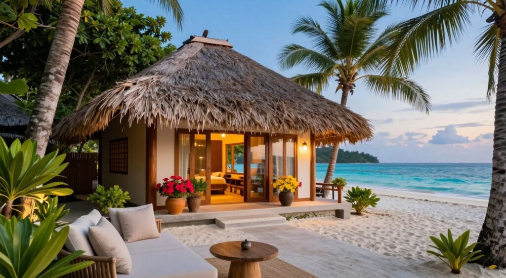 A stunning beachside accommodation on the Gili Islands, showcasing a beautifully designed bungalow with thatched roof nestled among lush tropical greenery. In the foreground, a comfortable outdoor seating area with plush cushions invites relaxation. The middle ground features the inviting entrance of the bungalow, adorned with vibrant flower pots and soft ambient lighting that highlights the natural wood finish. The background displays the azure waters of the ocean and a clear blue sky, capturing the essence of paradise. Soft, warm lighting enhances the serene atmosphere, reminiscent of a golden hour sunset. No people are present, allowing the tranquil beauty of the accommodation to take center stage, evoking a sense of peaceful escape in a tropical oasis. A stunning beachside accommodation on the Gili Islands, showcasing a beautifully designed bungalow with thatched roof nestled among lush tropical greenery. In the foreground, a comfortable outdoor seating area with plush cushions invites relaxation. The middle ground features the inviting entrance of the bungalow, adorned with vibrant flower pots and soft ambient lighting that highlights the natural wood finish. The background displays the azure waters of the ocean and a clear blue sky, capturing the essence of paradise. Soft, warm lighting enhances the serene atmosphere, reminiscent of a golden hour sunset. No people are present, allowing the tranquil beauty of the accommodation to take center stage, evoking a sense of peaceful escape in a tropical oasis.