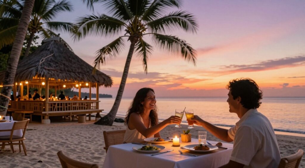 A stunning beachside dining scene during sunset in Lombok, featuring a beautifully arranged dining table with elegant plates and candlelight. In the foreground, there are two people dressed in modest casual clothing, enjoying their meal while laughing and toasting with drinks, capturing a warm, inviting atmosphere. The middle ground showcases a charming beachfront restaurant with bamboo and thatched decor, surrounded by palm trees swaying gently in the breeze. The background displays a breathtaking sunset sky painted in hues of orange, pink, and purple, reflecting on the calm sea. The image is composed with a soft focus, using a wide-angle lens to encapsulate the scenic beauty, creating an overall warm and romantic mood that evokes the joy of dining by the beach.