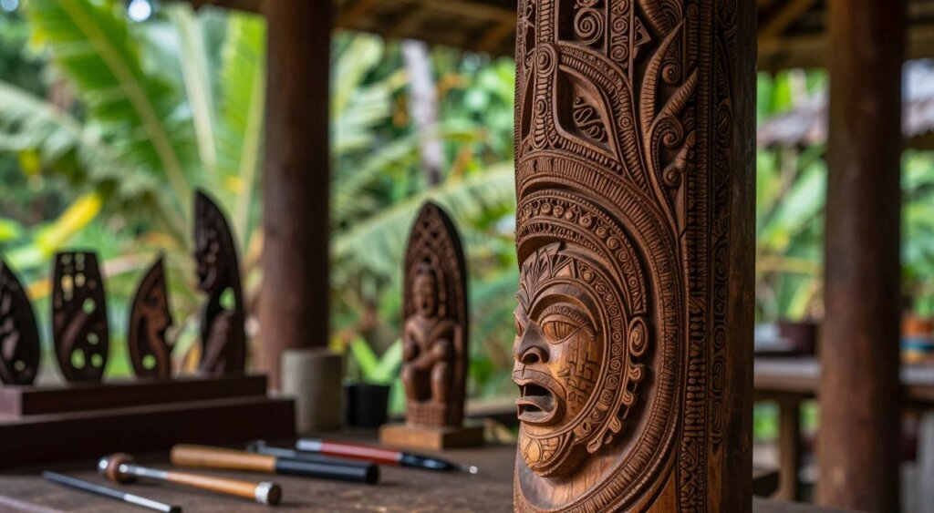 A stunning close-up of a traditional Papuan wood carving from Raja Ampat, showcasing intricate patterns and details that reflect the rich cultural heritage of the region. In the foreground, the carving, expertly crafted, displays elaborate symbols and textures, illuminated by soft, natural light that highlights its depth. The middle ground features a beautifully crafted artisan workspace, with tools and additional carvings hinting at the artistry involved. In the background, a gentle blur of lush tropical foliage sets the scene, conveying the vibrant environment of Raja Ampat. The atmosphere is serene and respectful, inviting viewers to connect with the cultural significance of the piece. The image is captured with a shallow depth of field to focus on the carving, mimicking the high-quality, professional photojournalism style seen in National Geographic.