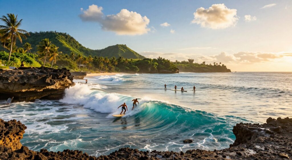 A stunning coastal landscape featuring one of the best surf spots in Lombok, Indonesia. In the foreground, vibrant turquoise waves crash against rocky cliffs, with surfers skillfully riding the waves. In the middle ground, a small group of surfers, dressed in modest swim attire, showcases their skills under the golden sunlight. The background reveals lush green hills and palm trees dotting the shoreline, with a bright blue sky scattered with fluffy white clouds. The sun is setting on the horizon, casting a warm, inviting glow over the scene, enhancing the tranquil yet exhilarating atmosphere of this tropical paradise. The image should capture a sense of adventure and serenity, reminiscent of professional photojournalism quality similar to National Geographic.