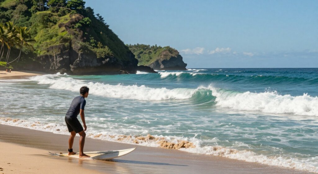 A stunning coastal scene showcasing Lombok's renowned surf spots, capturing the dynamic waves forecasted for an ideal surfing day. In the foreground, a surfer in professional attire awaits eagerly at the water's edge, poised and ready for an exhilarating ride. The middle ground features rolling waves with clear turquoise water and white frothy crests, reflecting sunlight under a brilliant blue sky. In the background, lush green cliffs and palm trees frame the sandy beaches, enhancing the tropical atmosphere. The shot is taken from a low angle, emphasizing the surfer's anticipation, with soft, warm lighting to convey a lively, adventurous mood. This visually captivating image should evoke the excitement and beauty of Lombok's surf conditions without any text or branding.