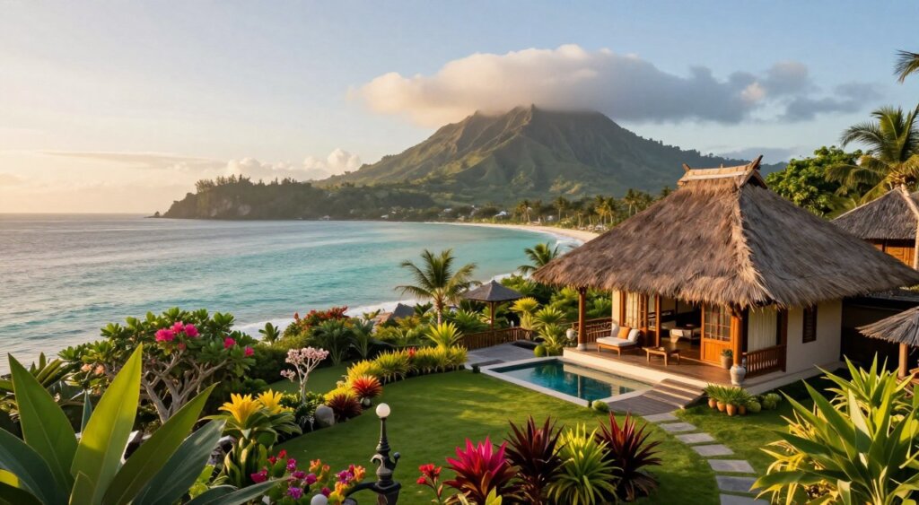 A stunning coastal view of an Amed Bali villa, featuring lush tropical gardens in the foreground with vibrant flowers and exotic plants. In the middle ground, a beautifully designed villa with traditional Balinese architecture, complete with thatched roofs and wooden accents, overlooks the tranquil turquoise ocean. The background showcases the dramatic, volcanic hills of Bali, partially shrouded in mist. Capture the scene during the golden hour, with soft, warm sunlight casting a gentle glow on the villa and landscape, enhancing the serene and inviting atmosphere. Use a wide-angle lens to emphasize the expansive view while maintaining clarity in the details, evoking a sense of peace and luxury in this idyllic paradise.