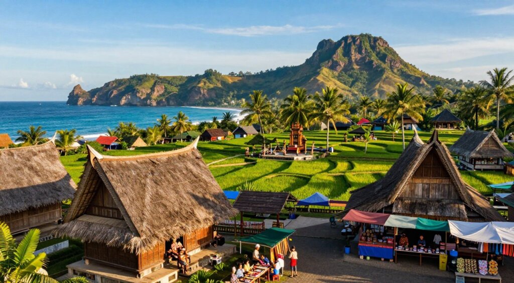 A stunning depiction of the top attractions in Ekas, Lombok, showcasing its rich cultural heritage. In the foreground, include traditional wooden houses and vibrant market stalls with local artisans showcasing their crafts. The middle ground features lush rice terraces and a small temple surrounded by palm trees, symbolizing the local spirituality. In the background, the magnificent landscapes of the Lombok coastline are visible, with turquoise waters and dramatic cliffs under a clear blue sky. The scene is bathed in warm, golden sunlight, creating a tranquil and inviting atmosphere. The composition should be shot from a slightly elevated angle, reminiscent of professional photojournalism, capturing the essence and history of Lombok Ekas without any people present. The image should reflect the beauty and cultural richness of this region in high detail and vibrant colors. A stunning depiction of the top attractions in Ekas, Lombok, showcasing its rich cultural heritage. In the foreground, include traditional wooden houses and vibrant market stalls with local artisans showcasing their crafts. The middle ground features lush rice terraces and a small temple surrounded by palm trees, symbolizing the local spirituality. In the background, the magnificent landscapes of the Lombok coastline are visible, with turquoise waters and dramatic cliffs under a clear blue sky. The scene is bathed in warm, golden sunlight, creating a tranquil and inviting atmosphere. The composition should be shot from a slightly elevated angle, reminiscent of professional photojournalism, capturing the essence and history of Lombok Ekas without any people present. The image should reflect the beauty and cultural richness of this region in high detail and vibrant colors.