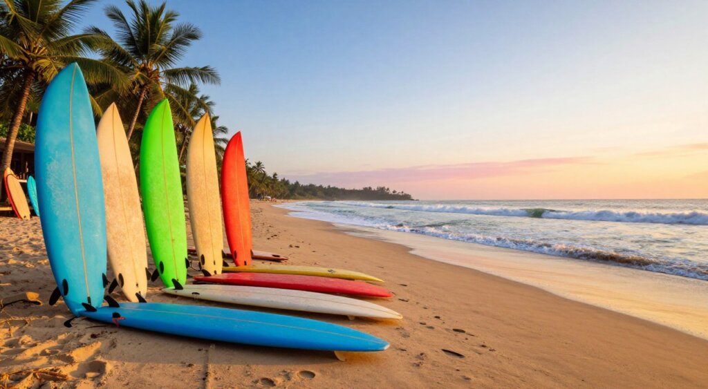 A stunning display of various surfboards lined up on a pristine sandy beach in Indonesia, illuminated by the golden glow of a sunset. In the foreground, vibrant surfboards of different shapes, sizes, and colors—bright blues, greens, and reds—are arranged artistically, showcasing their unique designs and patterns. The middle ground features gentle waves lapping at the shore, with soft foam cresting, hinting at the ideal surfing conditions. In the background, lush tropical palms sway softly against a clear sky transitioning from blue to warm orange and pink hues. The scene conveys a peaceful, adventurous atmosphere, capturing the spirit of surfing culture in Indonesia. Shot from a low angle to emphasize the surfboards and the ocean, reflecting high-quality photojournalism standards.