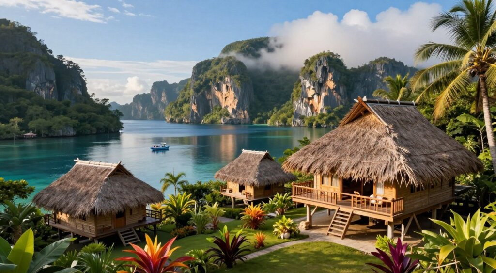 A stunning eco-friendly lodge in Raja Ampat, built from natural materials, sits gracefully amidst lush tropical greenery. The foreground features rustic wooden structures with thatched roofs, surrounded by vibrant local flora and a tranquil garden. In the middle ground, a sparkling blue lagoon reflects the blue sky, punctuated by scattered small boats gently bobbing on the water. In the background, the dramatic limestone cliffs rise majestically, partially shrouded in mist, hinting at adventure and natural beauty. The scene is bathed in warm, golden sunlight, creating a peaceful and inviting atmosphere, ideal for relaxation and connection with nature. Capture this moment with a wide-angle lens, emphasizing the harmony between the eco-lodge and its breathtaking environment, encapsulating the essence of sustainable living in paradise.