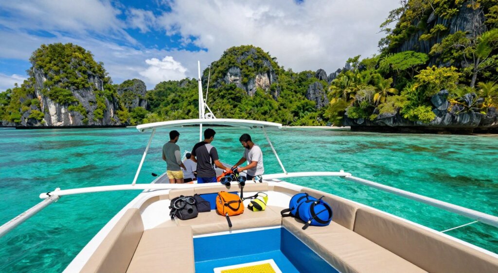 A stunning expedition boat designed for Raja Ampat, anchored in crystal-clear turquoise waters. In the foreground, the boat is equipped with comfortable seating and essential gear for an adventure, showcasing its vibrant colors under the tropical sun. In the middle ground, experienced travelers in modest casual clothing are preparing snorkeling equipment, exuding excitement for the underwater exploration ahead. The background features lush green islands with jagged cliffs, rich vegetation, and a serene blue sky dotted with fluffy clouds, creating a picturesque setting. The image captures the essence of adventure and tranquility, with soft natural light illuminating the scene and a wide-angle lens offering a dynamic perspective, invoking a sense of wonder and anticipation for the upcoming expedition.