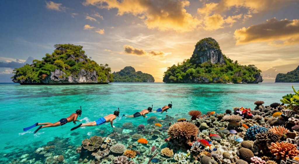 A stunning image depicting an idyllic scene of snorkeling and island hopping in Raja Ampat. In the foreground, a small group of adventurers in modest casual clothing are engaged in snorkeling, exploring the vibrant coral reefs filled with colorful fish. The middle section showcases crystal-clear turquoise waters with several picturesque islands dotted with lush green vegetation. In the background, a dramatic sky transitions from warm golden hues of sunset to deep blues, casting a magical light over the entire scene. Shot with a wide-angle lens to capture the expansive beauty, the image evokes a sense of adventure and tranquility, inviting viewers to immerse themselves in this breathtaking tropical paradise.