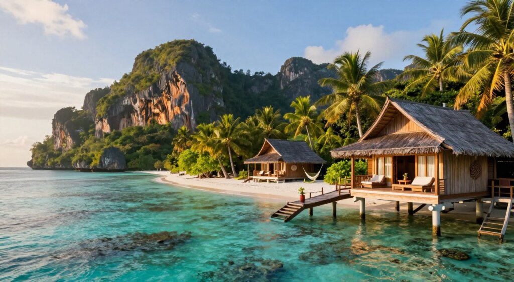 A stunning island landscape of Raja Ampat showcasing various accommodation options. In the foreground, include a luxurious overwater bungalow made of natural wood, blending harmoniously with the surroundings. The middle ground features a cozy beachfront cottage surrounded by lush tropical vegetation, with hammocks and outdoor seating. In the background, depict towering limestone cliffs rising from the crystal-clear turquoise waters, dotted with vibrant coral reefs. The scene is bathed in warm, golden-hour sunlight, casting gentle reflections on the water. Use a wide-angle lens perspective to capture the expansive beauty of the location, creating an inviting and serene atmosphere. The mood conveys relaxation and adventure, ideal for travelers seeking unique lodging options in this breathtaking paradise.