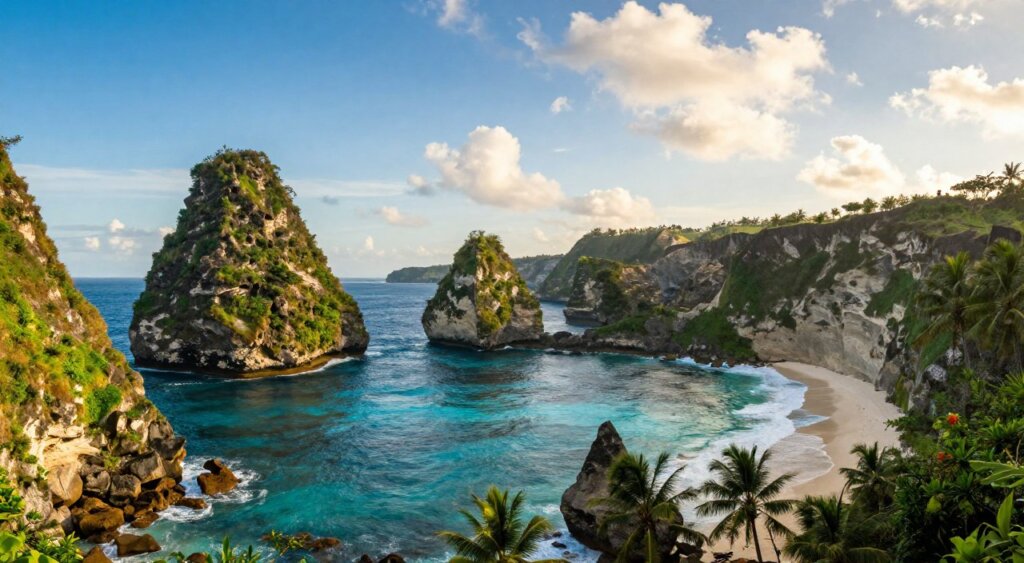 A stunning landscape of Ekas Bay in Lombok, Indonesia, captured in vibrant detail. The foreground features lush, green cliffs that rise dramatically from the turquoise waters, dotted with rocky outcrops. In the middle ground, calm waves gently lap at a sandy beach, framed by palm trees swaying in a light breeze. The background showcases distant hills under a bright blue sky with fluffy white clouds, creating a serene atmosphere. The lighting is warm and golden, evoking a peaceful early evening. Shot with a wide-angle lens to enhance the dramatic landscape, this photojournalistic image embodies the natural beauty and unique geography of Lombok Ekas, inviting viewers to explore this breathtaking destination. A stunning landscape of Ekas Bay in Lombok, Indonesia, captured in vibrant detail. The foreground features lush, green cliffs that rise dramatically from the turquoise waters, dotted with rocky outcrops. In the middle ground, calm waves gently lap at a sandy beach, framed by palm trees swaying in a light breeze. The background showcases distant hills under a bright blue sky with fluffy white clouds, creating a serene atmosphere. The lighting is warm and golden, evoking a peaceful early evening. Shot with a wide-angle lens to enhance the dramatic landscape, this photojournalistic image embodies the natural beauty and unique geography of Lombok Ekas, inviting viewers to explore this breathtaking destination.