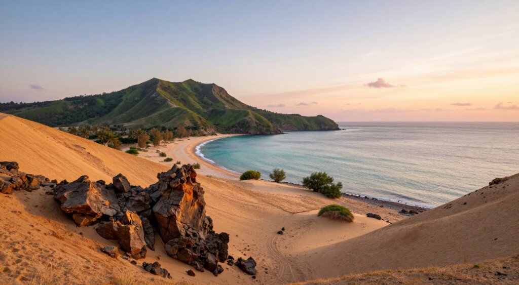 A stunning landscape of Lombok Desert Point during the golden hour, capturing its unique geographical features. In the foreground, jagged rock formations and golden sandy slopes juxtapose with scattered coastal vegetation. The middle ground reveals a sprawling view of the gentle curve of the coastline meeting the shimmering turquoise ocean, while an idyllic horizon is painted with soft pastel hues reflecting the setting sun. In the background, lush green hills create a dramatic contrast against the arid desert landscape. The image is framed with a wide-angle lens to emphasize depth, bathed in warm, soft lighting that evokes tranquility and isolation. The scene conveys a serene and majestic atmosphere, highlighting the beauty and raw nature of Lombok Desert Point.