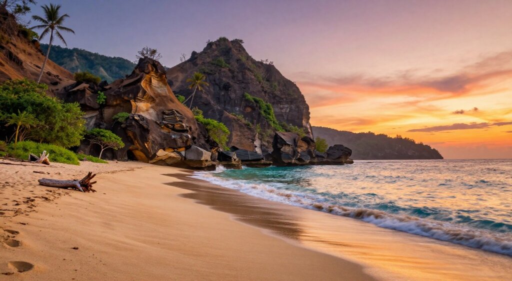 A stunning landscape of Lombok Desert Point, showcasing the rugged coastline and unique rock formations. In the foreground, soft golden sands gently touch the turquoise waves as they lap at the shore, with occasional scattered driftwood and lush green vegetation. The middle ground features dramatic cliffs that rise sharply, dotted with palms and hardy shrubs, creating a sense of isolation and tranquility. In the background, distant mountains blend with the sky, which displays a vibrant sunset with hues of orange, pink, and purple reflecting off the ocean. The scene is bathed in warm, golden hour light, casting long shadows and enhancing the colors, while the overall mood conveys serenity and untouched beauty. The image should be captured from a low angle, emphasizing the inviting nature of the sandy beach leading towards the majestic cliffs.
