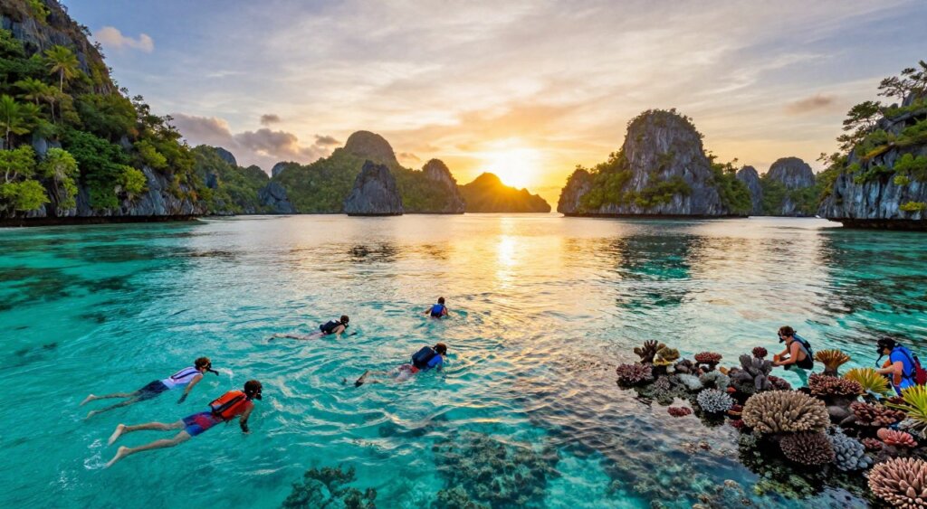A stunning landscape of Raja Ampat during the best time to visit, showcasing its crystal-clear turquoise waters and vibrant coral reefs. In the foreground, a group of diverse travelers in modest casual clothing enjoy snorkeling, their equipment visible as they explore the underwater beauty. The middle ground features several limestone islands, adorned with lush greenery and unique rock formations. In the background, a brilliant sunset casts a warm golden light over the scene, reflecting off the water and enhancing the vivid colors. The atmosphere is serene and inviting, evoking a sense of adventure and natural wonder. The image captures a sense of exploration and the untouched beauty of this tropical paradise, akin to a National Geographic photojournalism style. The shot is taken from a slightly elevated angle, providing a sweeping view of the landscape with vibrant colors and soft lighting.