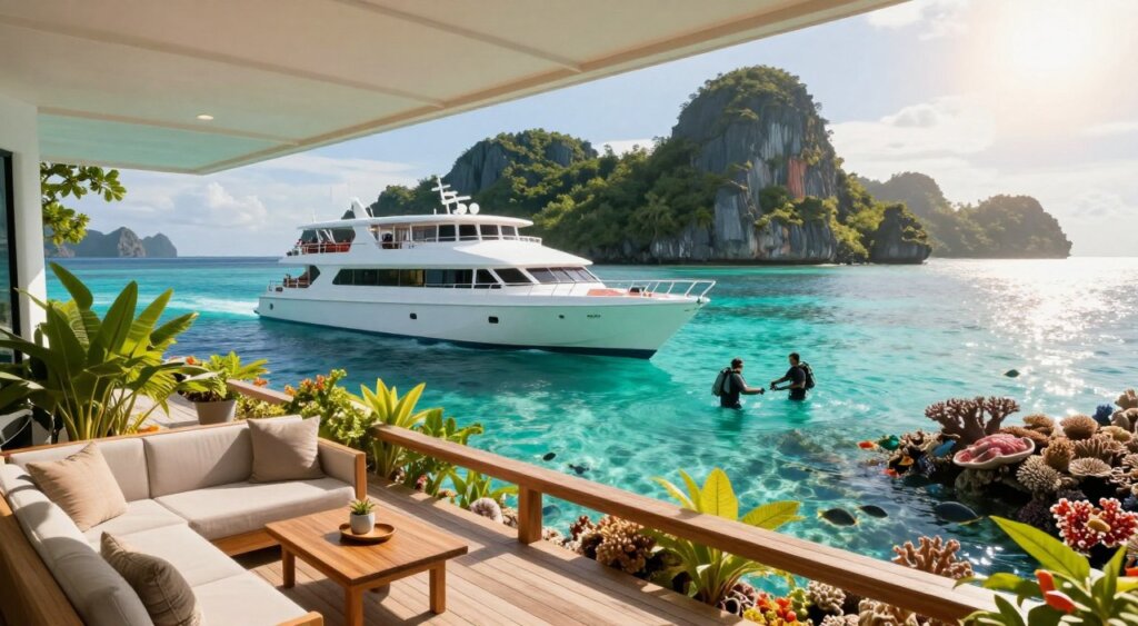 A stunning liveaboard accommodation in the Raja Ampat Islands, featuring a sleek, modern boat anchored in crystal-clear turquoise waters. In the foreground, show a spacious deck with comfortable seating and lush tropical plants, inviting relaxation. The middle ground includes divers preparing for an adventure, showcasing the vibrant marine life nearby, such as colorful coral reefs and fish swimming around. The background presents dramatic limestone islands covered in green foliage under a bright, sunny sky. Soft, warm lighting highlights the scene, creating a peaceful and adventurous atmosphere. The photo should be captured with a wide-angle lens to enhance the expansive beauty of the ocean and landscape, embodying the essence of a unique liveaboard experience.
