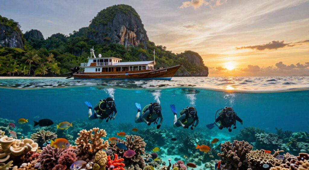A stunning liveaboard diving scene in Raja Ampat, showcasing a majestic wooden boat anchored in crystal-clear turquoise waters. In the foreground, a group of divers in modest snorkeling gear paddles excitedly above vibrant coral reefs teeming with colorful tropical fish. The middle ground captures the lush green islands typical of Raja Ampat, with rugged limestone cliffs rising dramatically. In the background, the sun sets on the horizon, casting warm golden light and creating a serene, magical atmosphere. The image should be captured with a wide-angle lens, emphasizing the beauty of the marine environment and the sense of adventure. The composition should evoke a feeling of exploration and tranquility, inviting viewers to discover the wonders of underwater life in this tropical paradise.