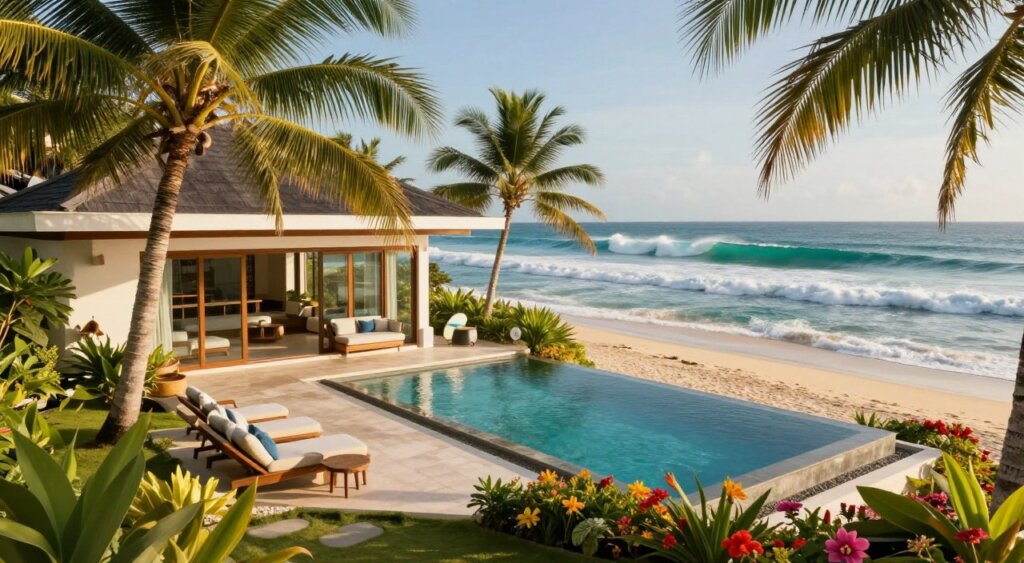 A stunning luxury beachfront villa nestled along the pristine shores of Lombok, showcasing modern architecture with large glass windows and an infinity pool overlooking the vibrant ocean waves. In the foreground, lush tropical gardens with swaying palm trees and colorful flowers frame the villa, inviting tranquility. In the middle, the villa features stylish outdoor seating areas with elegant furniture, ideal for relaxation after a surf session. The background reveals dramatic turquoise waves crashing against the shoreline, capturing the essence of Lombok's surf culture. Soft, golden hour lighting bathes the scene, casting long shadows and enhancing the colors, while the camera angle offers a panoramic view that evokes a sense of wanderlust and adventure. The overall mood is serene and inviting, perfect for surf enthusiasts and luxury travelers alike. A stunning luxury beachfront villa nestled along the pristine shores of Lombok, showcasing modern architecture with large glass windows and an infinity pool overlooking the vibrant ocean waves. In the foreground, lush tropical gardens with swaying palm trees and colorful flowers frame the villa, inviting tranquility. In the middle, the villa features stylish outdoor seating areas with elegant furniture, ideal for relaxation after a surf session. The background reveals dramatic turquoise waves crashing against the shoreline, capturing the essence of Lombok's surf culture. Soft, golden hour lighting bathes the scene, casting long shadows and enhancing the colors, while the camera angle offers a panoramic view that evokes a sense of wanderlust and adventure. The overall mood is serene and inviting, perfect for surf enthusiasts and luxury travelers alike.
