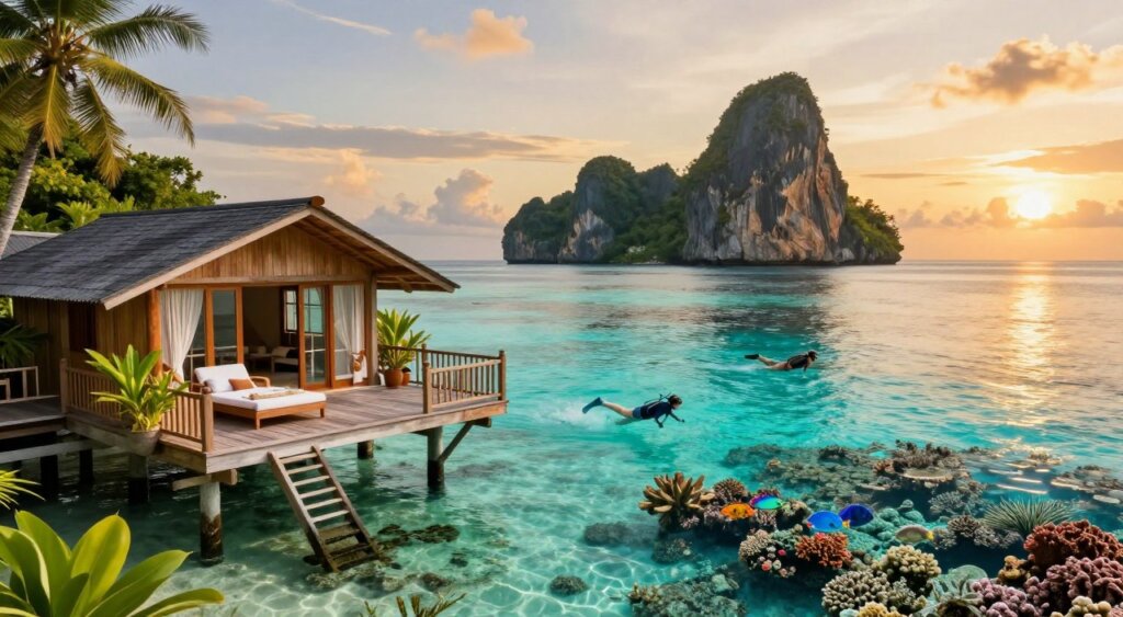 A stunning luxury dive resort in Raja Ampat, Indonesia, positioned on a scenic shoreline with crystal-clear turquoise waters, vibrant coral reefs visible just beneath the surface. In the foreground, elegantly designed wooden bungalows with private decks overlooking the ocean, adorned with lush tropical plants. The middle ground features divers in modest swim attire exploring the underwater world, showcasing colorful fish and corals, while enjoying a tranquil ambiance. In the background, dramatic limestone karsts rise from the sea under a sky painted with the warm hues of a tropical sunset. Soft, golden lighting spills over the scene, creating a serene and inviting atmosphere that evokes a sense of relaxation and adventure. The image captures the essence of luxurious accommodation options in a breathtaking tropical paradise.