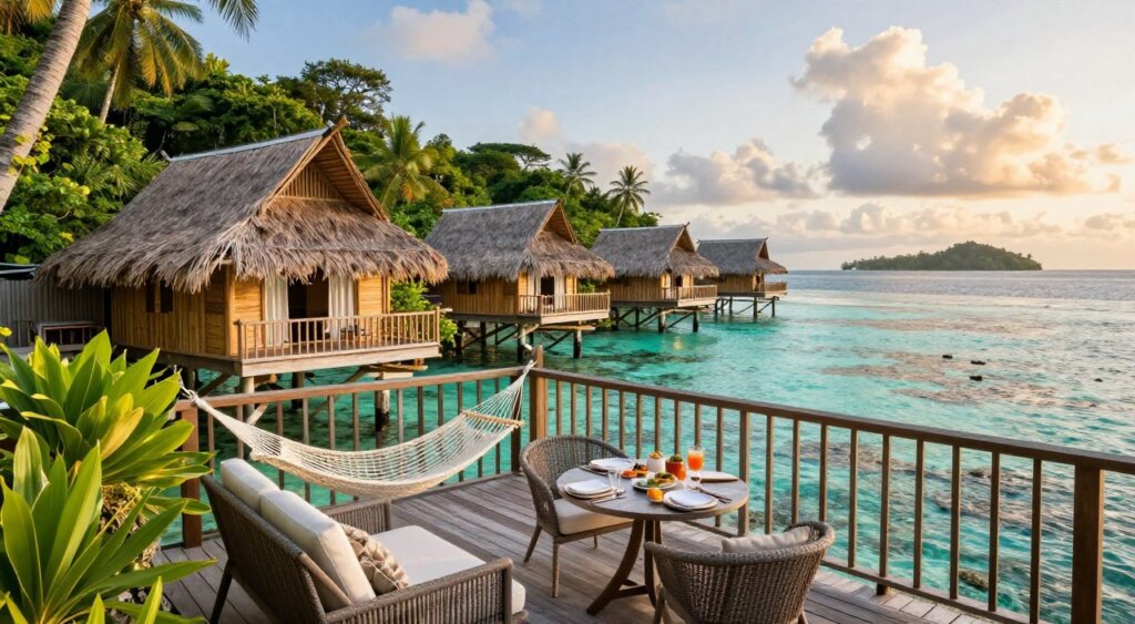 A stunning luxury eco-resort in Raja Ampat featuring wooden bungalows on stilts, surrounded by lush tropical greenery and crystal-clear turquoise waters. In the foreground, a spacious balcony adorned with elegant furniture, a hammock swaying gently in the breeze, and a table set for an intimate breakfast. The middle ground showcases the resort's unique architecture blending seamlessly with nature, incorporating bamboo and thatched roofs. In the background, vibrant coral reefs and distant islands bathed in golden morning light, with soft clouds drifting across the horizon. The scene captures a serene and inviting atmosphere, emphasizing sustainability and tranquility in this tropical paradise. Use natural lighting to enhance the colors, with a warm, inviting tone suitable for a travel lifestyle magazine.