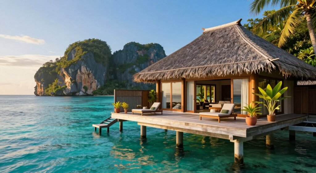 A stunning luxury overwater bungalow in Raja Ampat, featuring a stylish wooden deck, intricate thatched roofing, and expansive glass windows. In the foreground, vibrant turquoise waters gently lapping against the stilts, reflecting the brilliant blue sky. The middle ground showcases the bungalow's spacious outdoor seating area with plush lounge chairs and tropical plants for added lushness. In the background, majestic limestone cliffs rise dramatically from the ocean, covered in green foliage, under a soft golden sunset that creates a warm, inviting atmosphere. The scene is bathed in soft, natural lighting, captured with a wide-angle lens to emphasize the breathtaking surroundings, evoking a sense of tranquility and luxury in an idyllic tropical paradise.