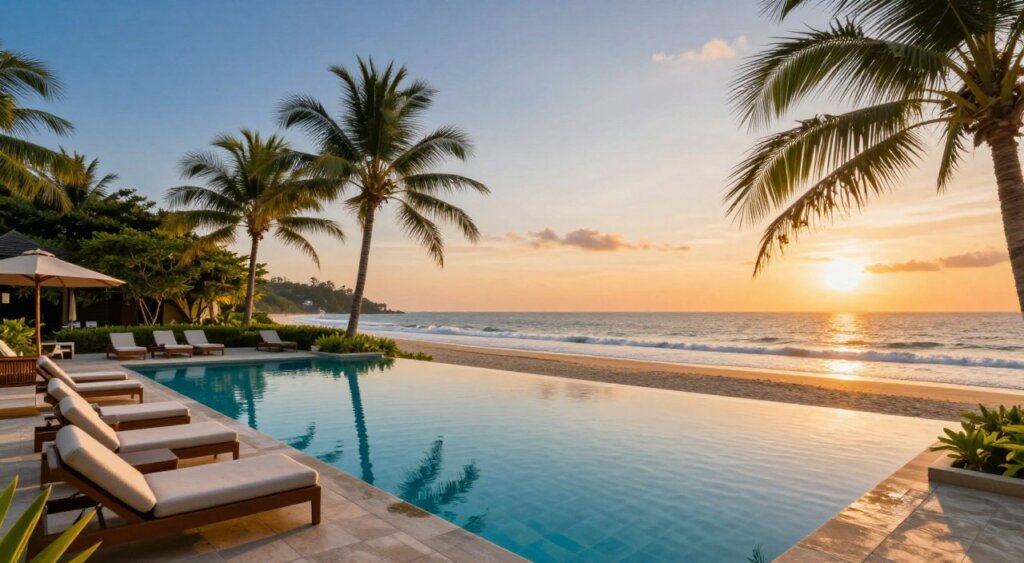 A stunning luxury pool at a Sanur beach resort, surrounded by elegantly landscaped tropical gardens. In the foreground, a crystal-clear infinity pool glimmers under the soft golden light of the late afternoon sun, with plush loungers arranged neatly along its edge. In the middle ground, palm trees sway gently in the breeze, casting playful shadows on the water's surface. The background features a pristine stretch of beach with gentle waves lapping at the shore and a vibrant sky transitioning from warm orange to deep blue as the sun sets. The scene captures a serene and inviting atmosphere, perfect for relaxation and indulgence, evoking a sense of tropical paradise. Focus on capturing the warm lighting and vivid colors, akin to high-quality photojournalism. A stunning luxury pool at a Sanur beach resort, surrounded by elegantly landscaped tropical gardens. In the foreground, a crystal-clear infinity pool glimmers under the soft golden light of the late afternoon sun, with plush loungers arranged neatly along its edge. In the middle ground, palm trees sway gently in the breeze, casting playful shadows on the water's surface. The background features a pristine stretch of beach with gentle waves lapping at the shore and a vibrant sky transitioning from warm orange to deep blue as the sun sets. The scene captures a serene and inviting atmosphere, perfect for relaxation and indulgence, evoking a sense of tropical paradise. Focus on capturing the warm lighting and vivid colors, akin to high-quality photojournalism.