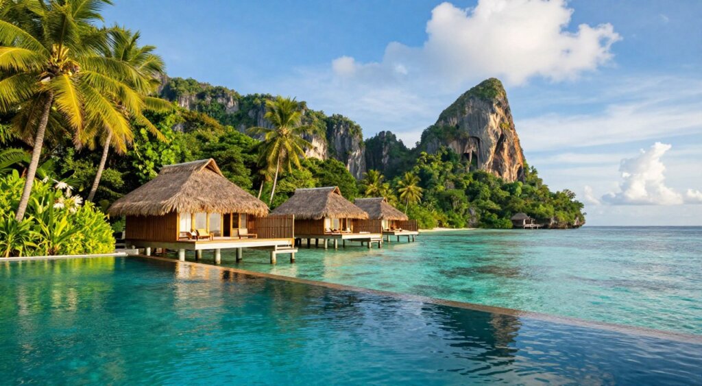 A stunning luxury resort nestled among the lush green islands of Raja Ampat, featuring elegant overwater bungalows with thatched roofs extending into the crystal-clear turquoise waters. The foreground captures a serene infinity pool that merges with the ocean horizon, inviting relaxation. In the middle ground, the stunning bungalows are surrounded by vibrant tropical foliage and palm trees, reflecting the region's natural beauty. In the background, jagged limestone cliffs rise majestically from the sea under a bright blue sky scattered with fluffy white clouds. The scene is bathed in warm, golden sunlight, enhancing the tranquil atmosphere. The composition is shot with a wide-angle lens to capture the expansive landscape, evoking a sense of paradise and serene luxury. A stunning luxury resort nestled among the lush green islands of Raja Ampat, featuring elegant overwater bungalows with thatched roofs extending into the crystal-clear turquoise waters. The foreground captures a serene infinity pool that merges with the ocean horizon, inviting relaxation. In the middle ground, the stunning bungalows are surrounded by vibrant tropical foliage and palm trees, reflecting the region's natural beauty. In the background, jagged limestone cliffs rise majestically from the sea under a bright blue sky scattered with fluffy white clouds. The scene is bathed in warm, golden sunlight, enhancing the tranquil atmosphere. The composition is shot with a wide-angle lens to capture the expansive landscape, evoking a sense of paradise and serene luxury.
