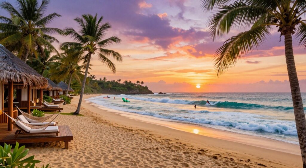 A stunning luxury surf resort in Indonesia, nestled along a pristine beach with golden sands and lush palm trees. In the foreground, elegantly designed bungalows with wooden decks overlook the turquoise ocean, inviting guests to relax in hammocks. The middle ground features surfers catching waves, showcasing the vibrant surf culture, while the background captures a dramatic sunset, painting the sky in hues of orange, pink, and purple. Soft, golden lighting bathes the scene, enhancing the tranquil atmosphere. The composition should be shot with a wide-angle lens to emphasize the expansive beauty of the landscape. A serene mood permeates the image, reflecting the perfect getaway for surf enthusiasts.