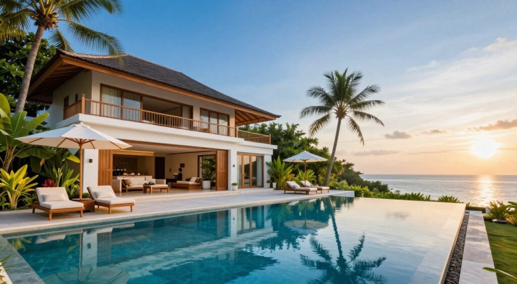 A stunning luxury villa on Gili Trawangan, showcasing its elegant architecture and lush tropical surroundings. In the foreground, a beautifully designed infinity pool reflects the vibrant blue skies, with comfortable chaise lounges and umbrellas for relaxation. The middle layer features the villa itself, with spacious, open-air living areas adorned with modern furnishings and natural wood accents, surrounded by manicured gardens filled with exotic plants. In the background, the serene ocean meets a clear horizon, accentuated by a gentle sunset casting warm, golden hues across the scene. The image captures a tranquil and inviting atmosphere, conveying the ultimate getaway experience. Natural lighting enhances the beauty of the villa, creating a sense of harmony and relaxation.