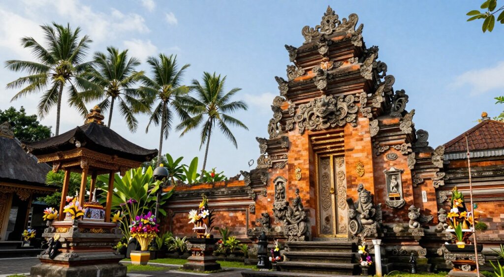 A stunning, photographic depiction of a Seminyak temple, showcasing intricate Balinese architecture in the foreground with detailed stone carvings and beautifully decorated shrines. The middle ground features lush tropical gardens, vibrant flowers, and traditional offerings. In the background, capture the serene silhouette of palm trees against a bright blue sky, evoking a peaceful atmosphere. The scene is bathed in soft, golden daylight, highlighting the textures of the stone and the colors of the foliage. Use a wide-angle lens to capture the grandeur of the temple structure, emphasizing its vertical elements and ornamentation. The overall mood should be tranquil and spiritual, inviting viewers to experience the rich architectural heritage of Seminyak temples. A stunning, photographic depiction of a Seminyak temple, showcasing intricate Balinese architecture in the foreground with detailed stone carvings and beautifully decorated shrines. The middle ground features lush tropical gardens, vibrant flowers, and traditional offerings. In the background, capture the serene silhouette of palm trees against a bright blue sky, evoking a peaceful atmosphere. The scene is bathed in soft, golden daylight, highlighting the textures of the stone and the colors of the foliage. Use a wide-angle lens to capture the grandeur of the temple structure, emphasizing its vertical elements and ornamentation. The overall mood should be tranquil and spiritual, inviting viewers to experience the rich architectural heritage of Seminyak temples.