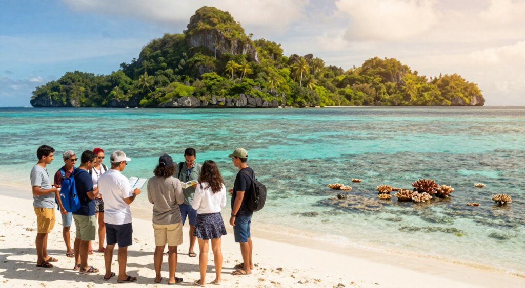 A stunning, realistic photojournalism-style image illustrating "Raja Ampat travel visa regulations and coral protection." In the foreground, a diverse group of tourists, dressed in modest casual clothing, consult a guidebook while standing on a pristine beach. The middle ground features vibrant coral reefs under clear turquoise waters, emphasizing the need for coral protection. In the background, lush green islands rise dramatically from the ocean, bathed in golden sunlight, creating an inviting atmosphere. The composition captures the essence of eco-tourism and respect for nature, with a focus on both travel regulations and environmental awareness. Use natural lighting to enhance colors and textures, simulating a warm and vibrant day in Raja Ampat.