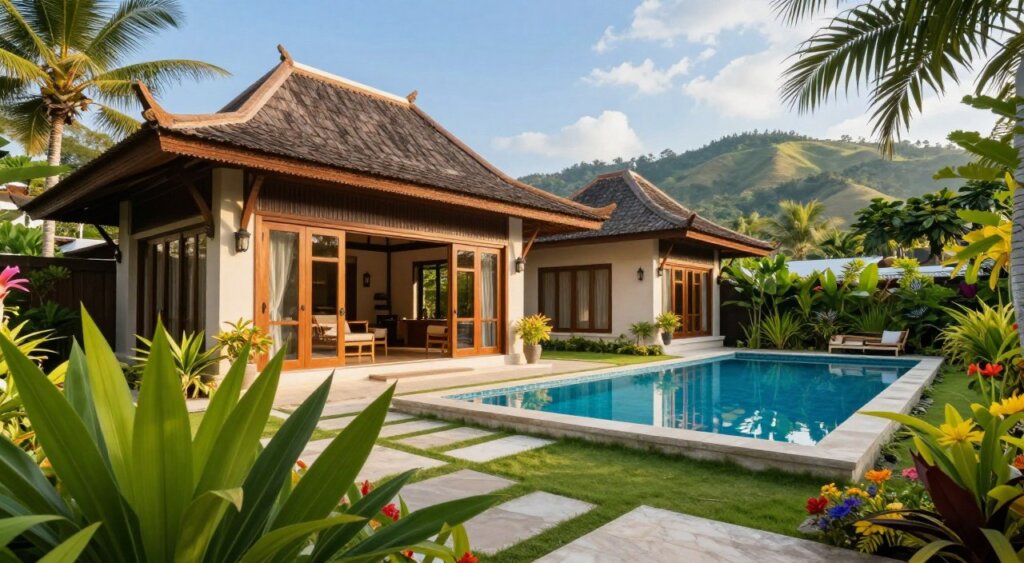 A stunning rental property in Lombok, featuring a traditional Balinese villa surrounded by lush tropical gardens. In the foreground, vibrant green foliage and colorful flowers frame the entrance. The middle ground showcases the villa's elegant wooden architecture with large glass doors, inviting views of the interior, and an inviting swimming pool reflecting the clear blue sky. In the background, gently rolling hills and palm trees create a serene landscape, under soft, warm sunlight. Capture this scene using a wide-angle lens to emphasize the spaciousness and tranquility of the property. The mood is relaxed and inviting, perfect for showcasing the allure of Lombok's rental market.