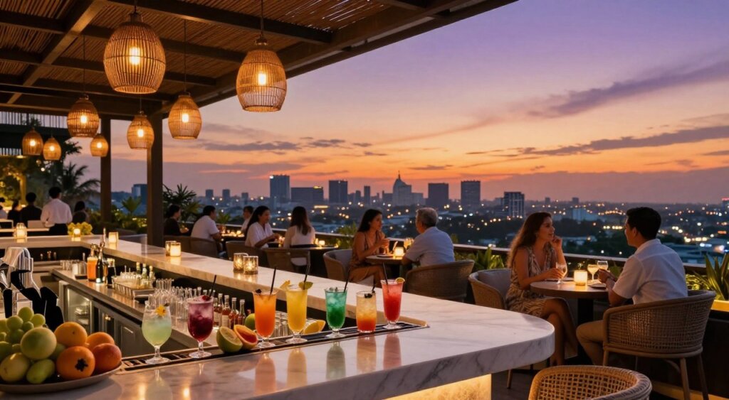 A stunning rooftop bar in Seminyak, Bali, featuring stylish modern furniture and elegant hanging lights that illuminate the space. In the foreground, a sleek bar counter displays an array of colorful cocktails and fresh fruits. The middle ground showcases groups of well-dressed patrons enjoying their drinks, engaging in lively conversation, and taking in the breathtaking sunset view. The background reveals a vibrant city skyline, silhouetted against a warm orange and purple twilight sky. Soft ambient lighting enhances the chic atmosphere, capturing the essence of a sophisticated yet relaxed social scene. The scene is viewed from a slightly elevated angle, lending a sense of depth and inviting viewers into the lively ambiance. The overall mood is vibrant and luxurious, ideal for a memorable night out in Seminyak.