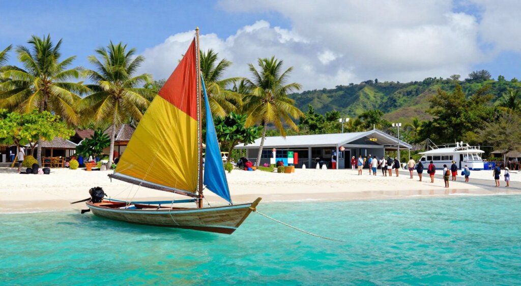 A stunning travel scene depicting the vibrant Gili Islands near Lombok, Indonesia. In the foreground, a wooden boat with colorful sails gently anchored in crystal-clear turquoise waters, surrounded by small patches of white sandy beach. In the middle ground, palm trees and lush tropical vegetation frame a pathway leading towards a modern ferry terminal bustling with travelers dressed in modest casual clothing, each with backpacks and travel gear, eagerly awaiting their journey to the islands. The background features lush green hills and a bright blue sky dotted with fluffy clouds, creating an inviting atmosphere. Soft, natural lighting enhances the vivid colors, evoking a sense of adventure and tranquility. Capture this image from a low angle to emphasize the foreground elements, ensuring a professional photojournalism style akin to National Geographic quality. A stunning travel scene depicting the vibrant Gili Islands near Lombok, Indonesia. In the foreground, a wooden boat with colorful sails gently anchored in crystal-clear turquoise waters, surrounded by small patches of white sandy beach. In the middle ground, palm trees and lush tropical vegetation frame a pathway leading towards a modern ferry terminal bustling with travelers dressed in modest casual clothing, each with backpacks and travel gear, eagerly awaiting their journey to the islands. The background features lush green hills and a bright blue sky dotted with fluffy clouds, creating an inviting atmosphere. Soft, natural lighting enhances the vivid colors, evoking a sense of adventure and tranquility. Capture this image from a low angle to emphasize the foreground elements, ensuring a professional photojournalism style akin to National Geographic quality.