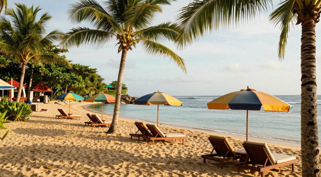A stunning tropical beach club located in Canggu, Indonesia, featuring elegant lounge chairs under large, colorful umbrellas. In the foreground, a beautifully arranged patch of golden sand is dotted with palm trees swaying gently in the ocean breeze. The middle ground presents an inviting infinity pool, seamlessly merging with the horizon where calm turquoise waters meet the sky. In the background, lush greenery frames the scene with hints of vibrant local architecture peeking through, embodying a tropical paradise. The lighting is warm and golden, reminiscent of a late afternoon sun, casting gentle shadows and highlighting textures. The mood is relaxed and inviting, perfect for leisure and social gatherings, captured with a 35mm lens from a slightly elevated angle to encompass the breadth of the beach club’s charm.