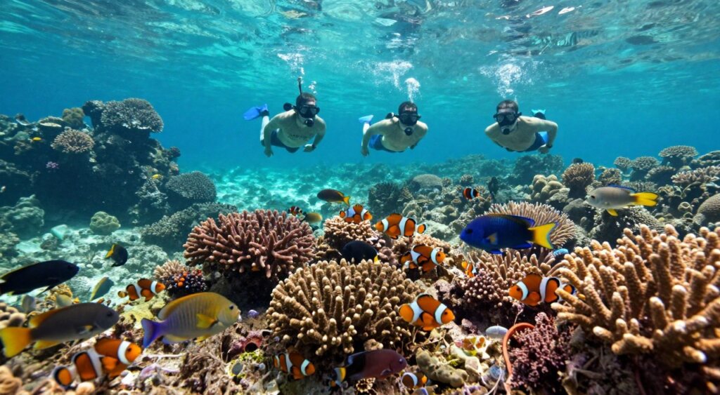 A stunning underwater scene capturing the rich marine biodiversity of Raja Ampat, showcasing vibrant coral reefs teeming with life. In the foreground, a diverse array of colorful fish such as clownfish and parrotfish weave through coral formations, with a clear focus on their intricate details. The middle ground features a group of snorkelers, clad in modest wetsuits, exploring the underwater landscape, their expressions filled with wonder. The background boasts dramatic rock formations and crystal-clear turquoise water, illuminated by gentle rays of sunlight filtering down from the surface. The atmosphere is serene and enchanting, evoking a sense of adventure and the untouched beauty of nature, all framed in a high-resolution, photojournalism-style composition. A stunning underwater scene capturing the rich marine biodiversity of Raja Ampat, showcasing vibrant coral reefs teeming with life. In the foreground, a diverse array of colorful fish such as clownfish and parrotfish weave through coral formations, with a clear focus on their intricate details. The middle ground features a group of snorkelers, clad in modest wetsuits, exploring the underwater landscape, their expressions filled with wonder. The background boasts dramatic rock formations and crystal-clear turquoise water, illuminated by gentle rays of sunlight filtering down from the surface. The atmosphere is serene and enchanting, evoking a sense of adventure and the untouched beauty of nature, all framed in a high-resolution, photojournalism-style composition.