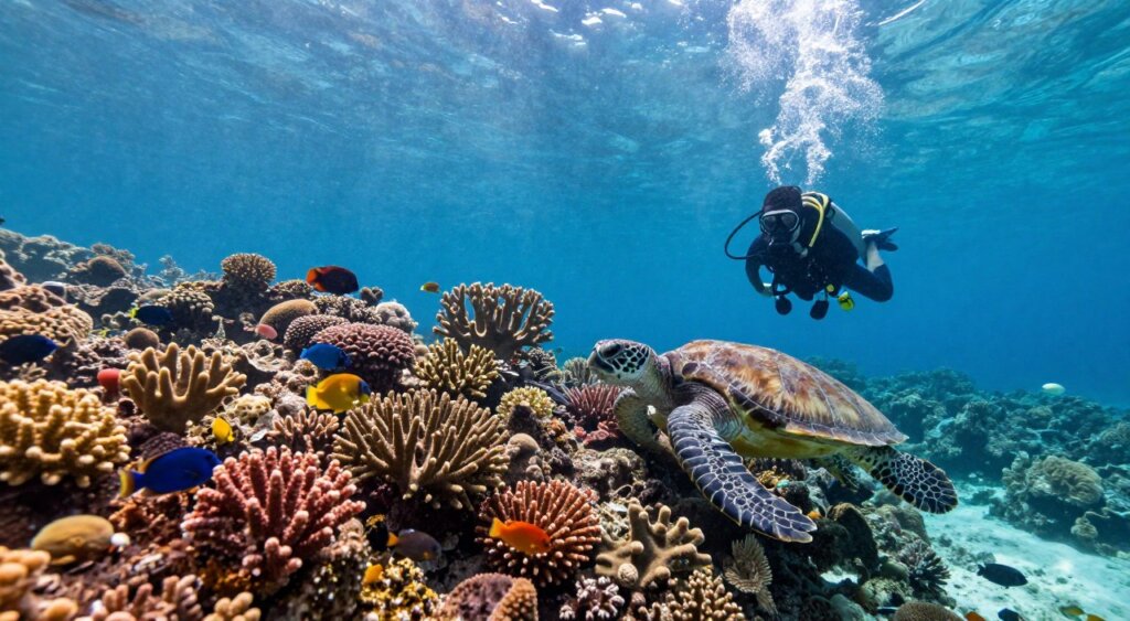 A stunning underwater scene capturing the vibrant dive sites around the Gili Islands, showcasing a diverse marine ecosystem. In the foreground, colorful coral formations teem with tropical fish, while a skilled diver in professional scuba gear explores the rich underwater life, creating a sense of adventure and tranquility. In the middle ground, clusters of more coral and elegant sea turtles gracefully swim by, enhancing the sense of harmony in this underwater paradise. The background features the shimmering blue waters illuminated by soft beams of sunlight piercing through the surface, creating a magical atmosphere. The image should evoke a sense of wonder and exploration, reminiscent of high-quality National Geographic photography, with natural lighting and a wide-angle lens perspective to fully capture this underwater haven.
