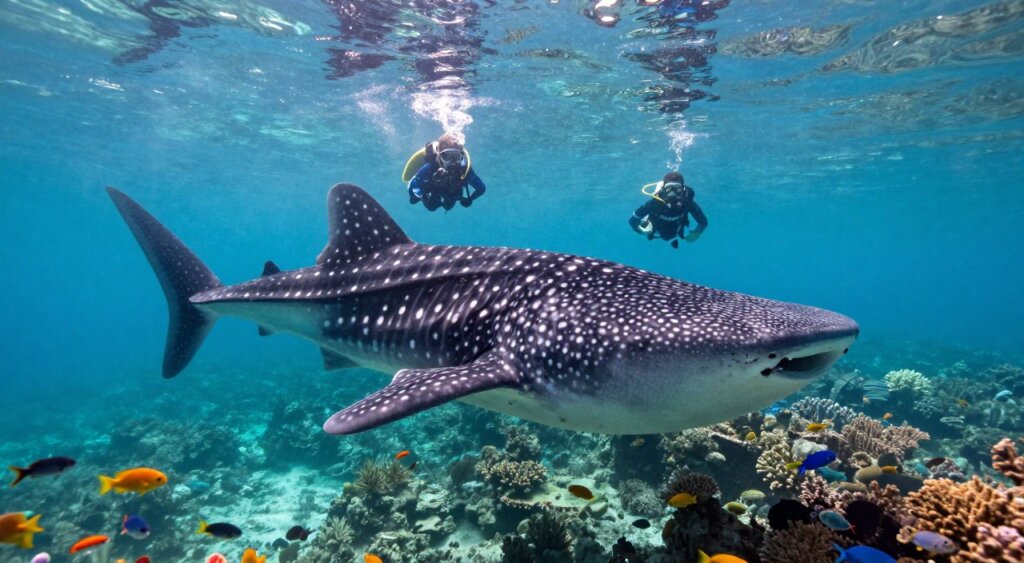 A stunning underwater scene depicting a majestic whale shark gracefully gliding through crystal-clear turquoise waters of Indonesia. In the foreground, the whale shark is elegantly framed, showcasing its distinct spotted pattern and large mouth. Surrounding it are vibrant coral reefs teeming with colorful marine life, including schools of small fish, in shades of yellow, blue, and orange. In the middle ground, divers in professional snorkeling gear capture the moment, their expressions filled with awe and wonder, emphasizing a respectful distance from the gentle giant. The background reveals sun rays penetrating the water's surface, creating a serene and enchanting atmosphere. The lighting is soft and natural, capturing the tranquility of this underwater paradise, reminiscent of National Geographic quality photography, highlighting the key locations for whale shark sightings in Indonesia.
