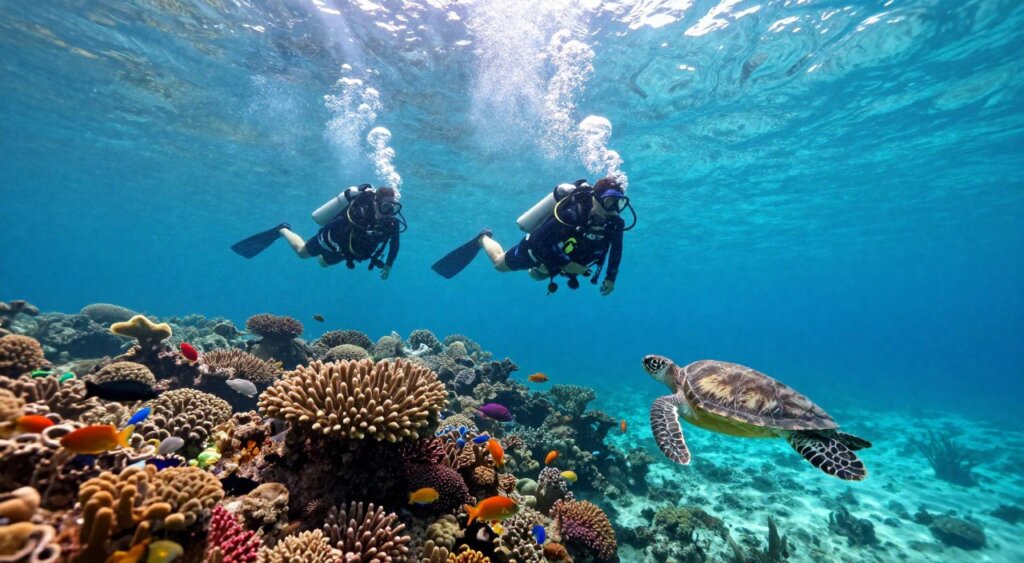 A stunning underwater scene depicting drift diving in Raja Ampat, Indonesia. In the foreground, a group of divers in professional scuba gear glides effortlessly through crystal-clear turquoise waters, showcasing vibrant coral reefs teeming with diverse marine life, including colorful fish and delicate sea turtles. In the middle, the divers are captured mid-motion, with bubbles trailing behind them, highlighting the serene yet exhilarating experience of drift diving. In the background, sunbeams penetrate the water's surface, creating a dance of light that illuminates the stunning aquatic landscape. The atmosphere feels tranquil yet adventurous, conveying the thrill of exploration in one of the world's premier diving destinations. Capture this moment with a wide-angle lens for depth and clarity, evoking a sense of wonder and appreciation for the underwater world.