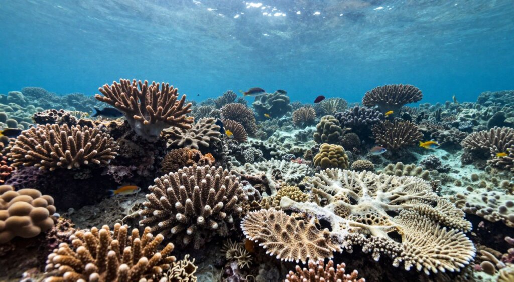 A stunning underwater scene depicting the coral bleaching process in Raja Ampat, showcasing vibrant corals transitioning from their natural colorful state to pale, bleached hues. The foreground features a close-up of various coral species, displaying intricate textures and patterns. In the middle ground, schools of small fish hover near the coral, contrasting with the bleached corals to highlight the impact of environmental changes. The background includes soft sunlight filtering through the water's surface, creating a serene yet somber atmosphere. Capture this scene using a wide-angle lens to emphasize depth and detail, with a slightly elevated angle to encompass both the bleached corals and the surrounding marine life, evoking a sense of urgency about the coral bleaching crisis.